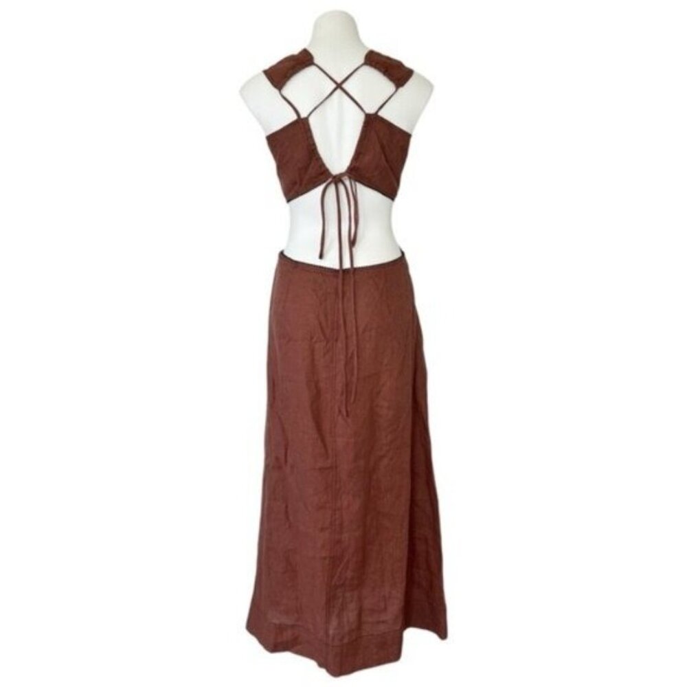 Ganni Bead Embellished Hemp Cut Out Root Beer Brown Midi Dress Size L - Picture 9 of 15